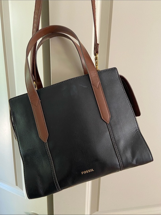 Fossil Handbags - Fossil Black Leather Sara Satchel with Brown Handles